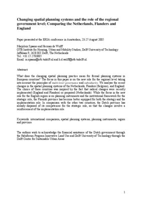 Changing spatial planning systems and the role of the regional government level; Comparing the Netherlands, Flanders and England
